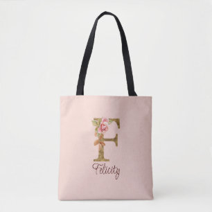 Bolsa Tote Nome Personalizado Letra F Dourado Folha Rosa Cor-