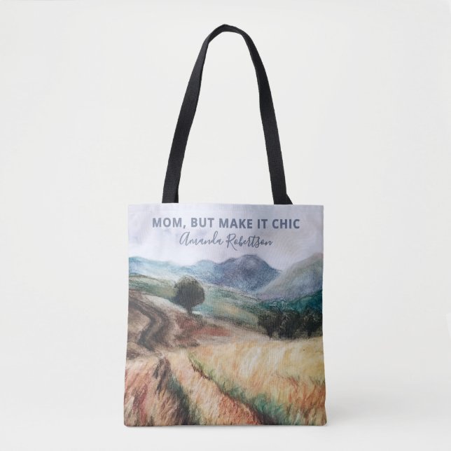 Bolsa Tote Nome Personalizado Mãe Cotação Watercolor Chic Blu (Frente)