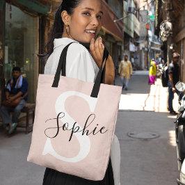 Bolsa Tote Nome Personalizado Moderno Monograma Pastel Rosa