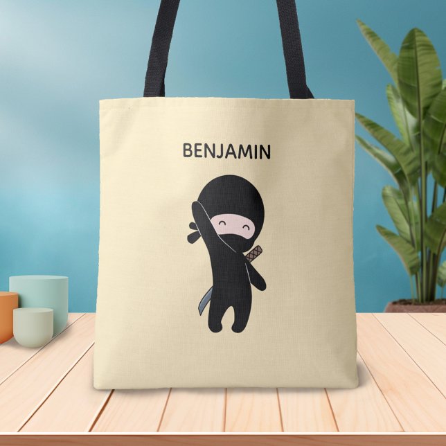 Bolsa Tote Nome Personalizado Ninja Feliz e Pequeno em Amarel (Criador carregado)