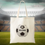 Bolsa Tote Nome Personalizado Número de bola de futebol<br><div class="desc">Presente de futebol personalizado e de número de equipe. Projetado por Thisnotme©</div>