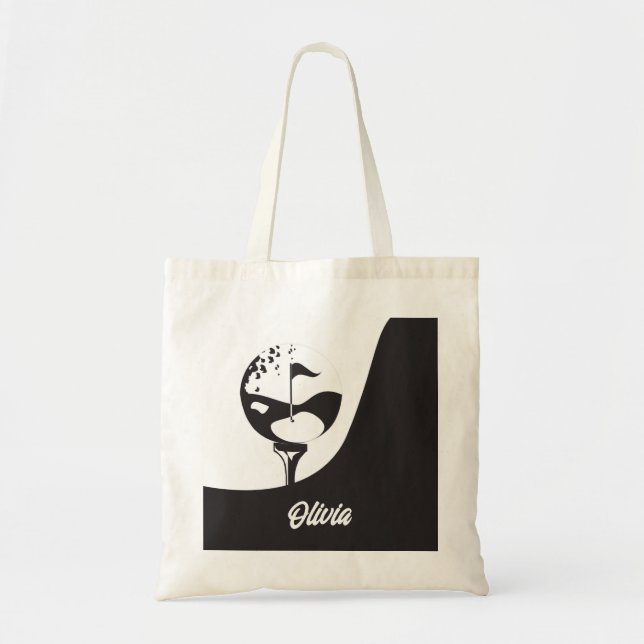 Bolsa Tote Nome Personalizado Olá, Golfe Negro e Branco (Frente)