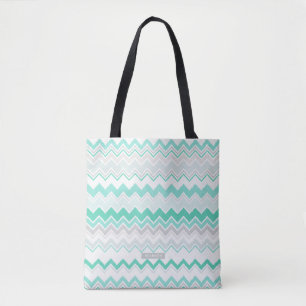Bolsa Tote Nome Personalizado Padrão Chevron Ikat Verde