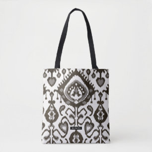 Bolsa Tote Nome Personalizado Padrão Ikat Negra Bridesmaid
