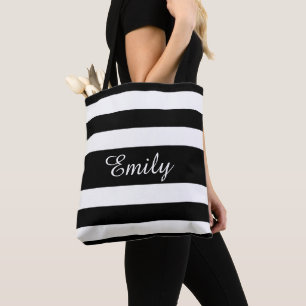 Bolsa Tote Nome Personalizado Padrão Striped Preto E Branco