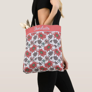 Bolsa Tote Nome personalizado padrão uniforme floral rosa
