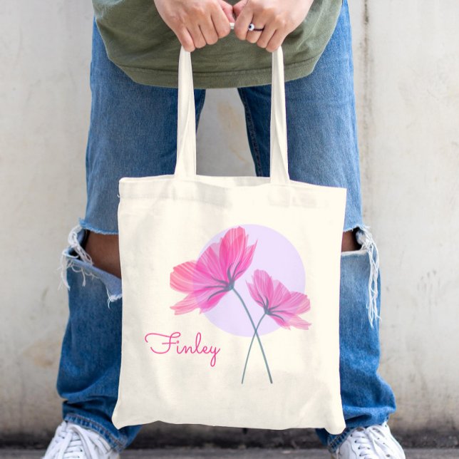 Bolsa Tote Nome Personalizado para o Chic das Flores Rosa Mod (Criador carregado)