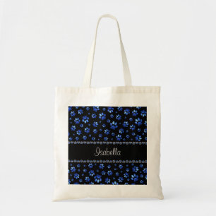 Bolsa Tote Nome personalizado, patas de cão com brilho azul
