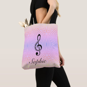 Bolsa Tote Nome Personalizado Rainbow/Pastel Stars Treble Cle