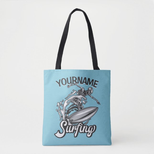 Bolsa Tote Nome personalizado Surfer Big Wave Skeleton surfin (Frente)