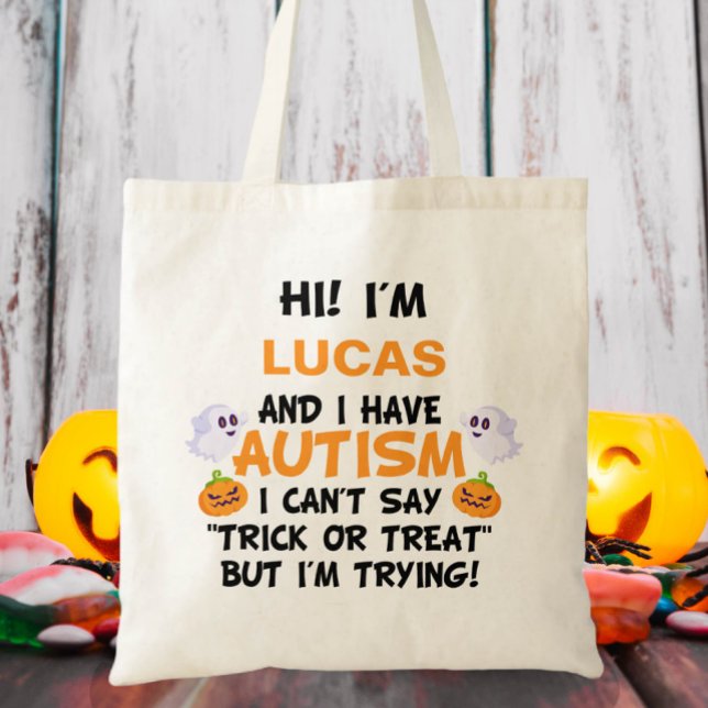 Bolsa Tote Nome Personalizado Trick ou Tratar Autismo  (Criador carregado)
