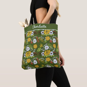 Bolsa Tote Nome personalizado verde-floral padrão sem costura