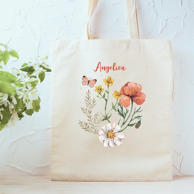 Bolsa Tote Nome Personalizado Wildflower Floral (Criador carregado)