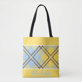 Bolsa Tote Nome Personalizado Xadrez Amarelo Azul Chic