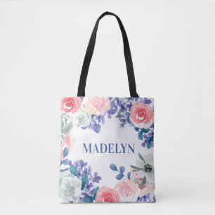 Bolsa Tote Nome Personalizável Floral de Cores Aquáticas