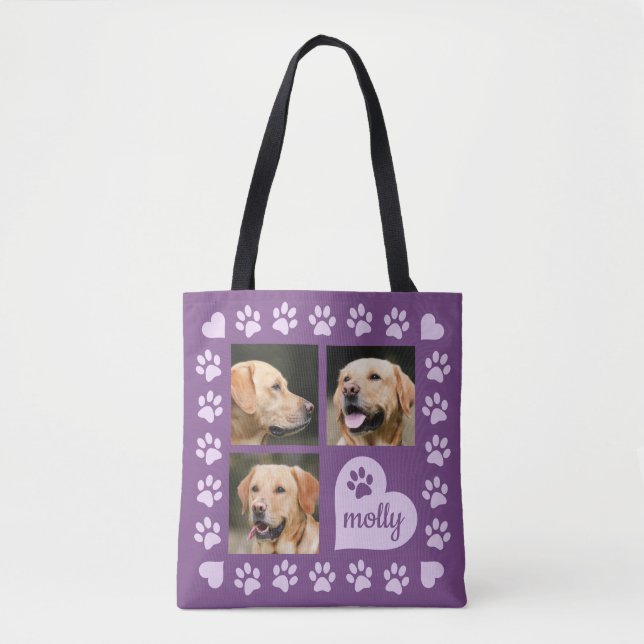 Bolsa Tote Nome Purple Heart do cão da colagem de 3 fotos (Frente)