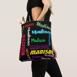 Bolsa Tote Nome repetitivo colorido no ombro da Canvas preta