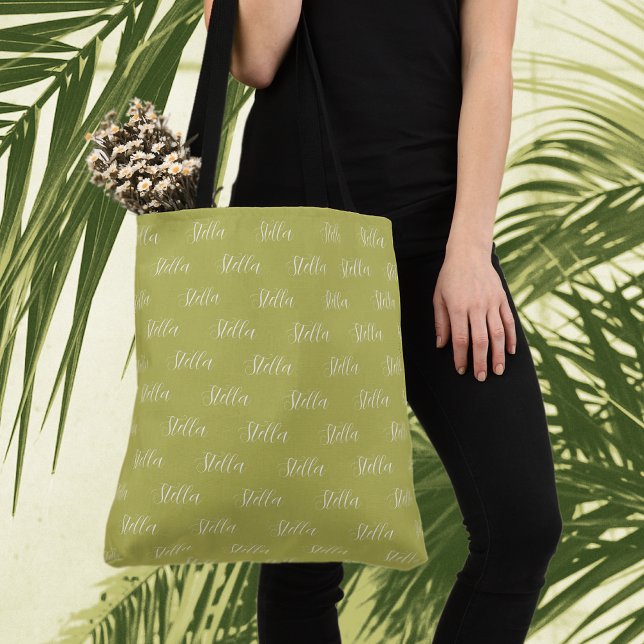 Bolsa Tote Nome repetitivo em branco em folha de rosto-verde (Criador carregado)