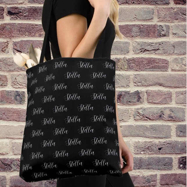 Bolsa Tote Nome repetitivo em preto branco (Criador carregado)