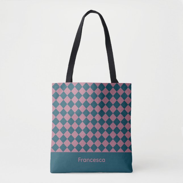 Bolsa tote nome rosa azul oceano padrão argyle (Frente)