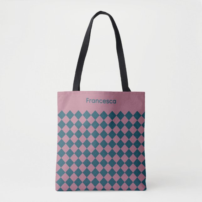 Bolsa tote nome rosa azul oceano padrão argyle (Frente)