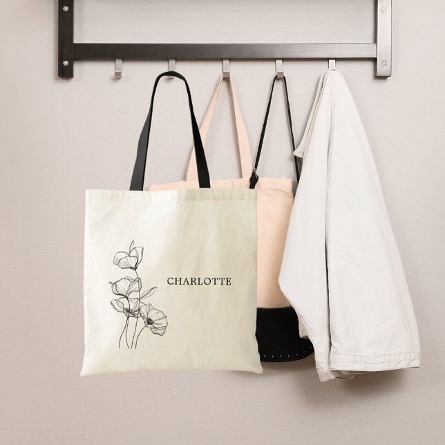 Bolsa Tote Nome simples de arte linear de flores silvestres (Criador carregado)