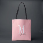 Bolsa Tote Nome simples personalizado e cor-de-rosa monograma<br><div class="desc">Monograma personalizado moderno elegante e sacos de tote de nome em preto,  branco e cor-de-rosa,  simples e na moda. Presentes personalizados de noiva em festa de casamento,  chá de panela ou festa de solteira. Personalize a cor de fundo com sua escolha.</div>