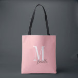 Bolsa Tote Nome simples personalizado e cor-de-rosa monograma<br><div class="desc">Monograma personalizado moderno elegante e sacos de tote de nome em preto,  branco e cor-de-rosa,  simples e na moda. Presentes personalizados de noiva em festa de casamento,  chá de panela ou festa de solteira. Personalize a cor de fundo com sua escolha.</div>