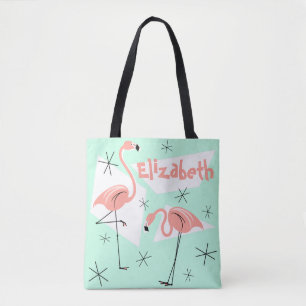 Bolsa Tote Nome verde retro dos flamingos por todo o lado na