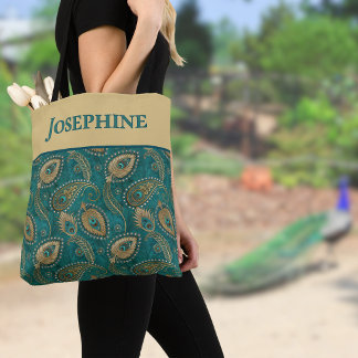 Bolsa Tote Nome Vintage em Ouro e Azul Turquesa com Motivo Pa