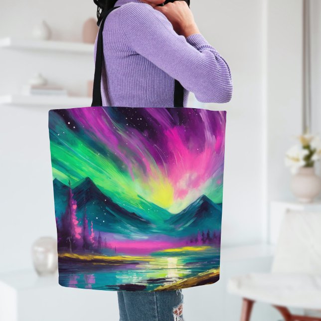 Bolsa Tote Norte Luzes Vibrantes Paisagem Noturna Abstrato (Criador carregado)