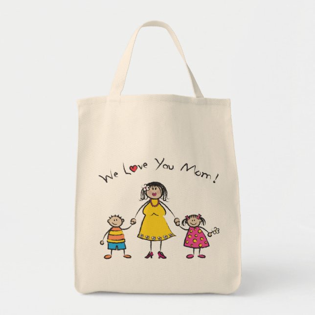 Bolsa Tote Nós Te Amo Mãe Família Cartoon Feliz Dia de as mãe (Frente)
