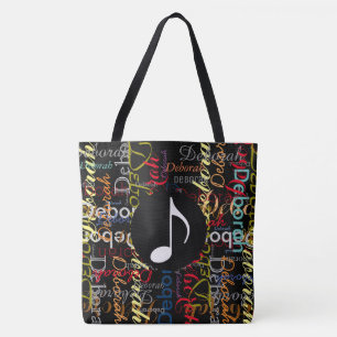 Bolsa Tote nota de música com um padrão de nomes coloridos 