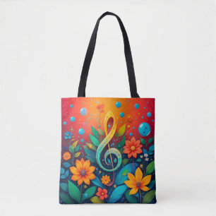 Bolsa Tote Nota Musical Artística Rodeada Por Flores Colorida
