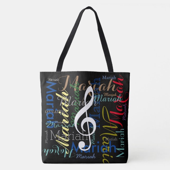Bolsa Tote nota musical e nomes coloridos, preto (Frente)