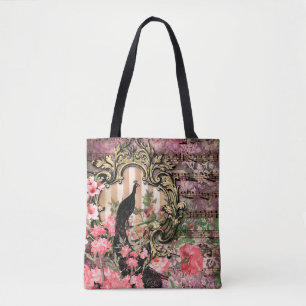 Bolsa Tote Nota musical floral de pavão de vindima, rosa e ou