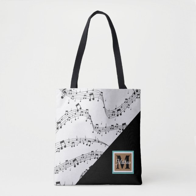 Bolsa Tote nota musical preto e branco Monograma músico (Frente)