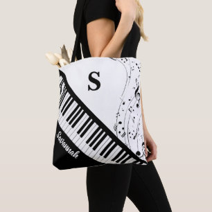 Bolsa Tote Notas de música modernas do Piano Nome do monogra