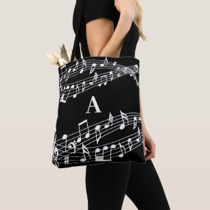 Bolsa Tote Notas de música personalizadas Monograma preto e b