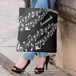 Bolsa Tote Notas de Música Personalizadas Nome Preto e Branco