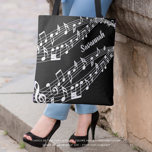 Bolsa Tote Notas de Música Personalizadas Nome Preto e Branco (Criador carregado)