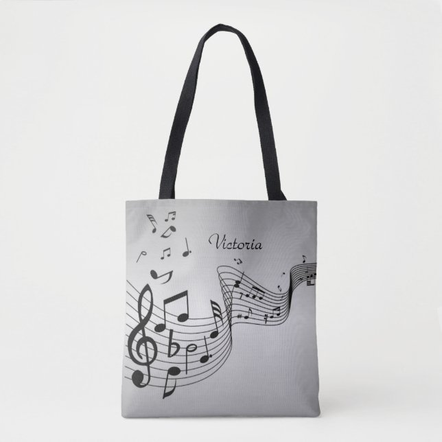 Bolsa Tote Notas Musicais em Prata com Nome (Frente)