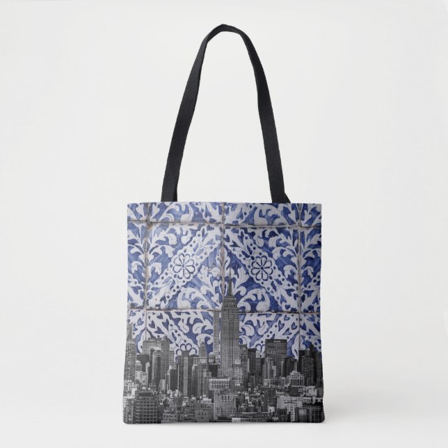 Bolsa Tote Nova Iorque - Arranha-céus com Azulejos portuguese (Frente)