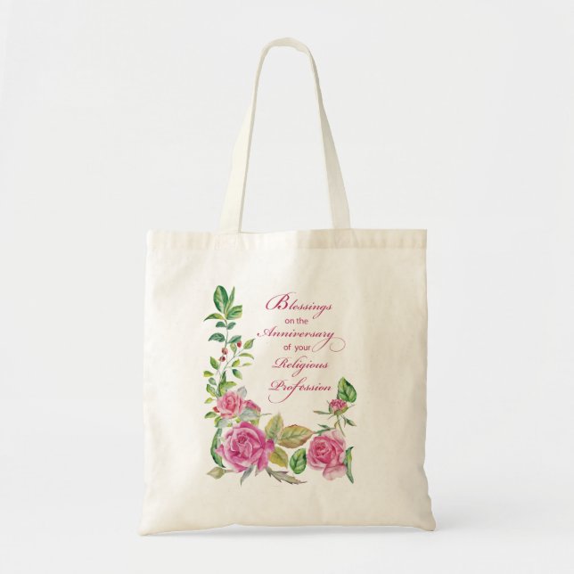 Bolsa Tote Nun Aniversário da Profissão Religiosa Rosas Rosa (Frente)