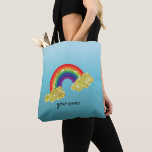 Bolsa Tote nuvem cintilante de ouro brilhante com arco-íris