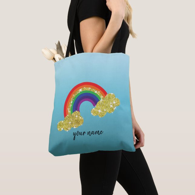 Bolsa Tote nuvem cintilante de ouro brilhante com arco-íris (Close Up)