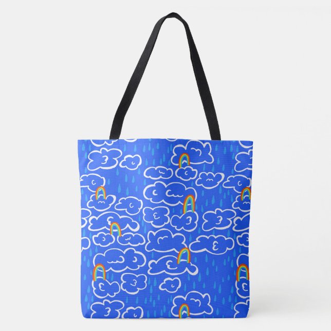 Bolsa Tote Nuvens coloridas chovem Rainbow Blue Patterno (Frente)