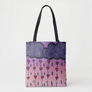Bolsa Tote Nuvens, corações e gotas de chuva