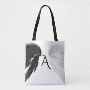 Bolsa Tote O ANJO VOA o preto do monograma + Branco