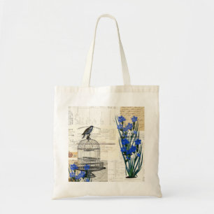 Bolsa Tote O azul do Birdcage do pássaro do vintage floresce